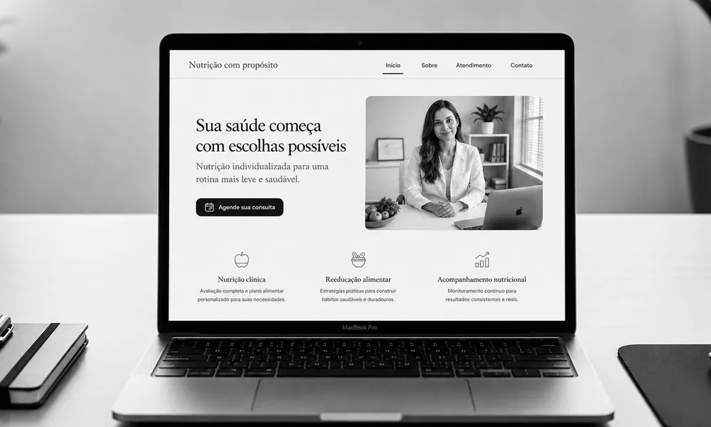 Notebook exibindo um site de nutricionista com título, botão de agendamento e lista de serviços